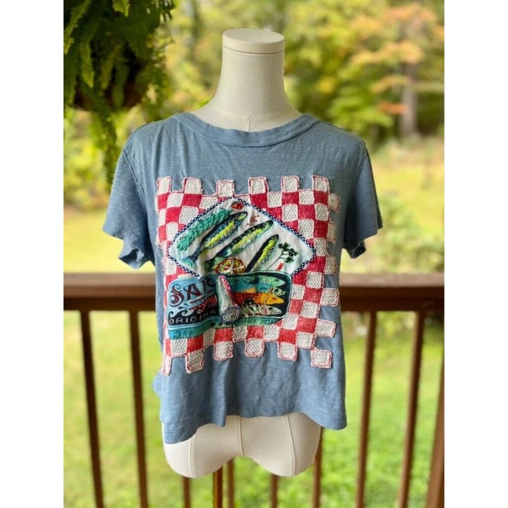 Maeve Anthropologie Sardine Embroidered Sequin Graphic Tee XS